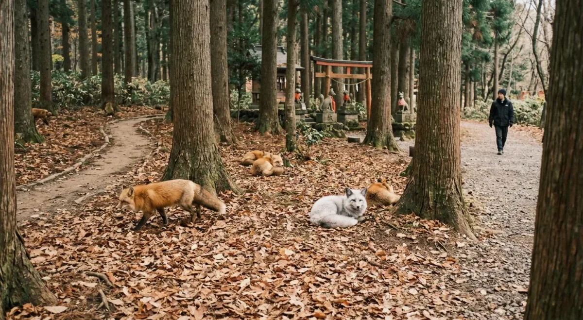 Red foxes and one silver fox resting on fallen leaves under cedar trees at Zao Fox Village, a red torii behind