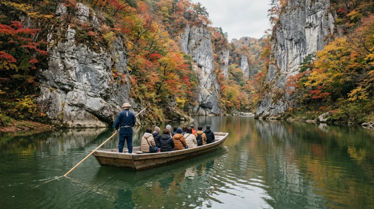 A boatman poling a flat wooden boat on green water between limestone cliffs in Geibikei Gorge in autumn