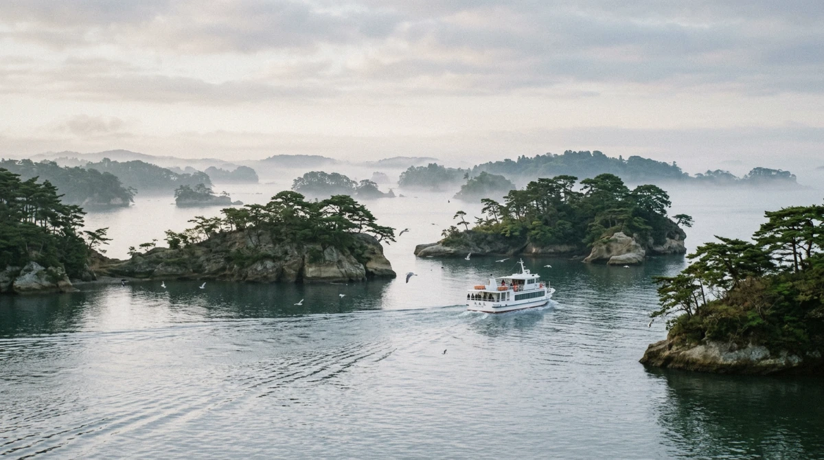 A white sightseeing boat passing between small pine-covered islands in Matsushima Bay in morning mist
