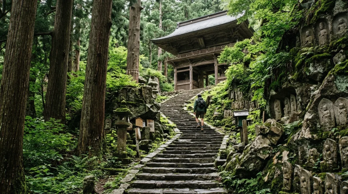 Stone steps at Yamadera climbing between cedar trees and mossy rocks carved with small Buddhist figures