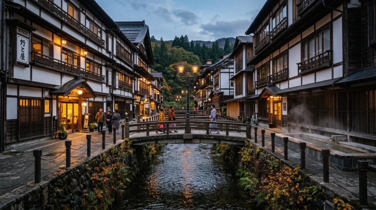 Wooden ryokan on both banks of the river at Ginzan Onsen at dusk, gas lamps lit by a small bridge
