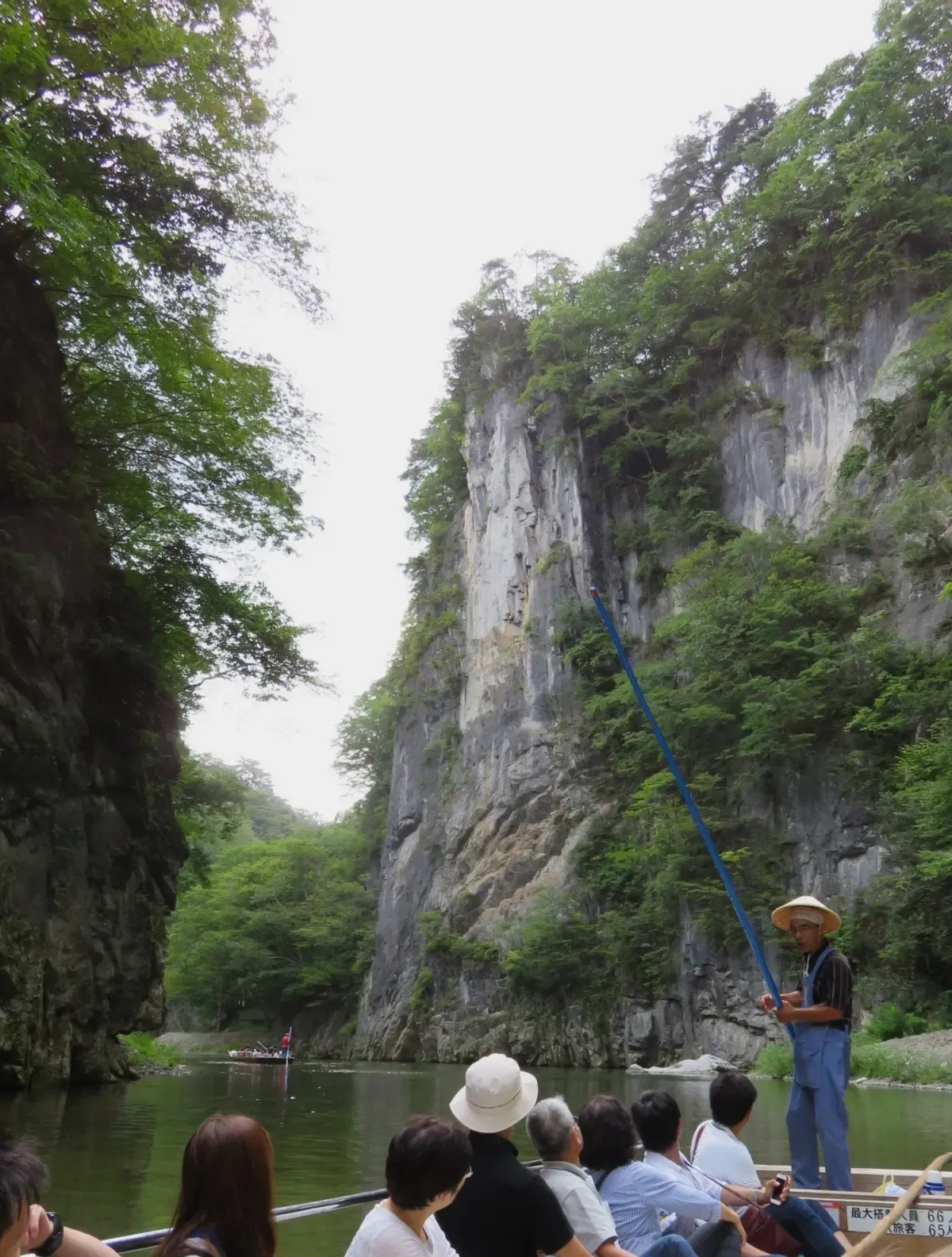 Passengers on a flat-bottom boat beneath the limestone cliffs of the gorge
