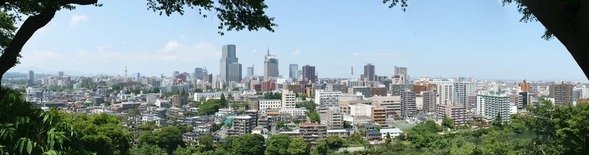 Wide view of Sendai city centre high-rises and housing blocks framed by trees from Atago Shrine hill