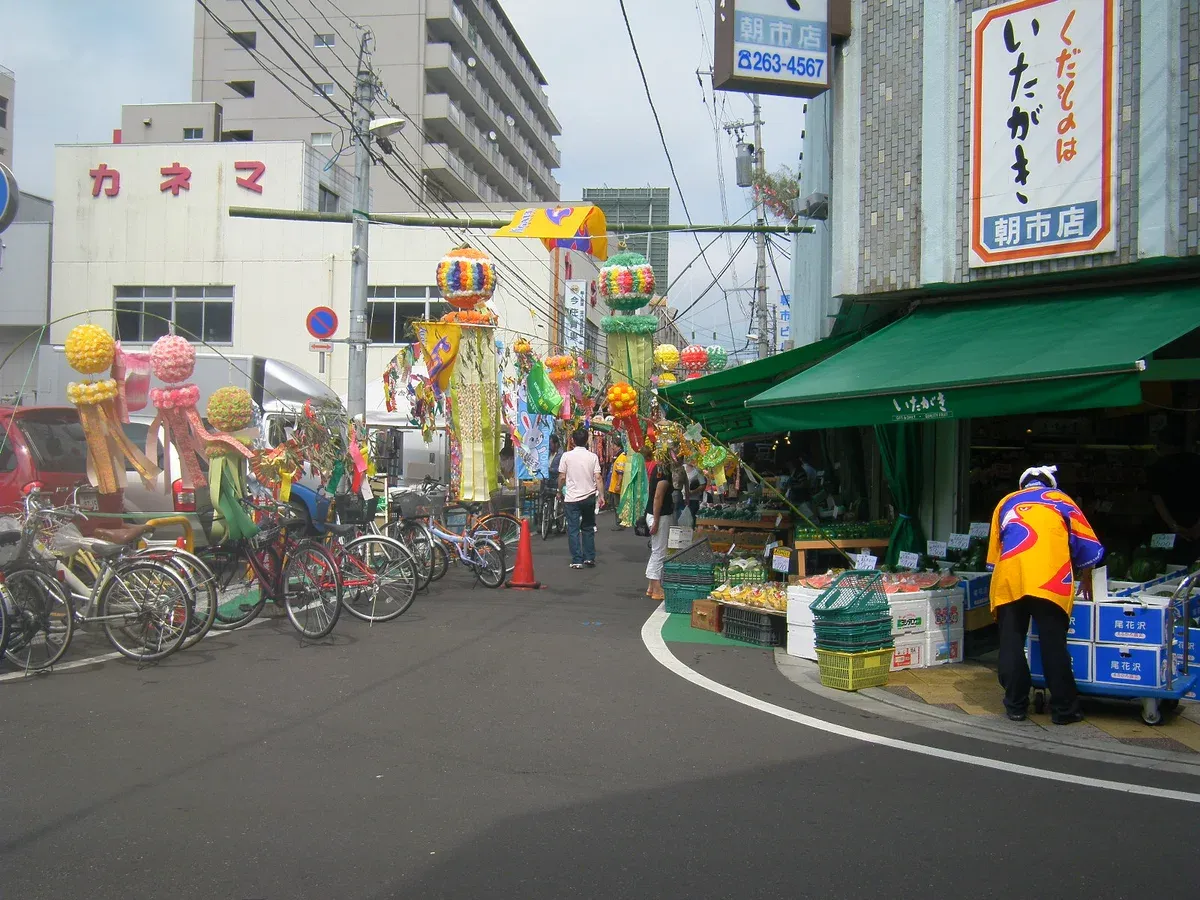 Tanabata streamers and paper ornaments hanging over a market street in central Sendai during the August festival