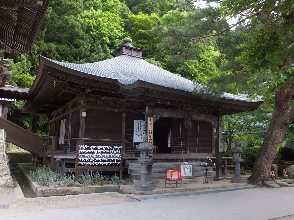 Small wooden Nenbutsu-do hall under green maples