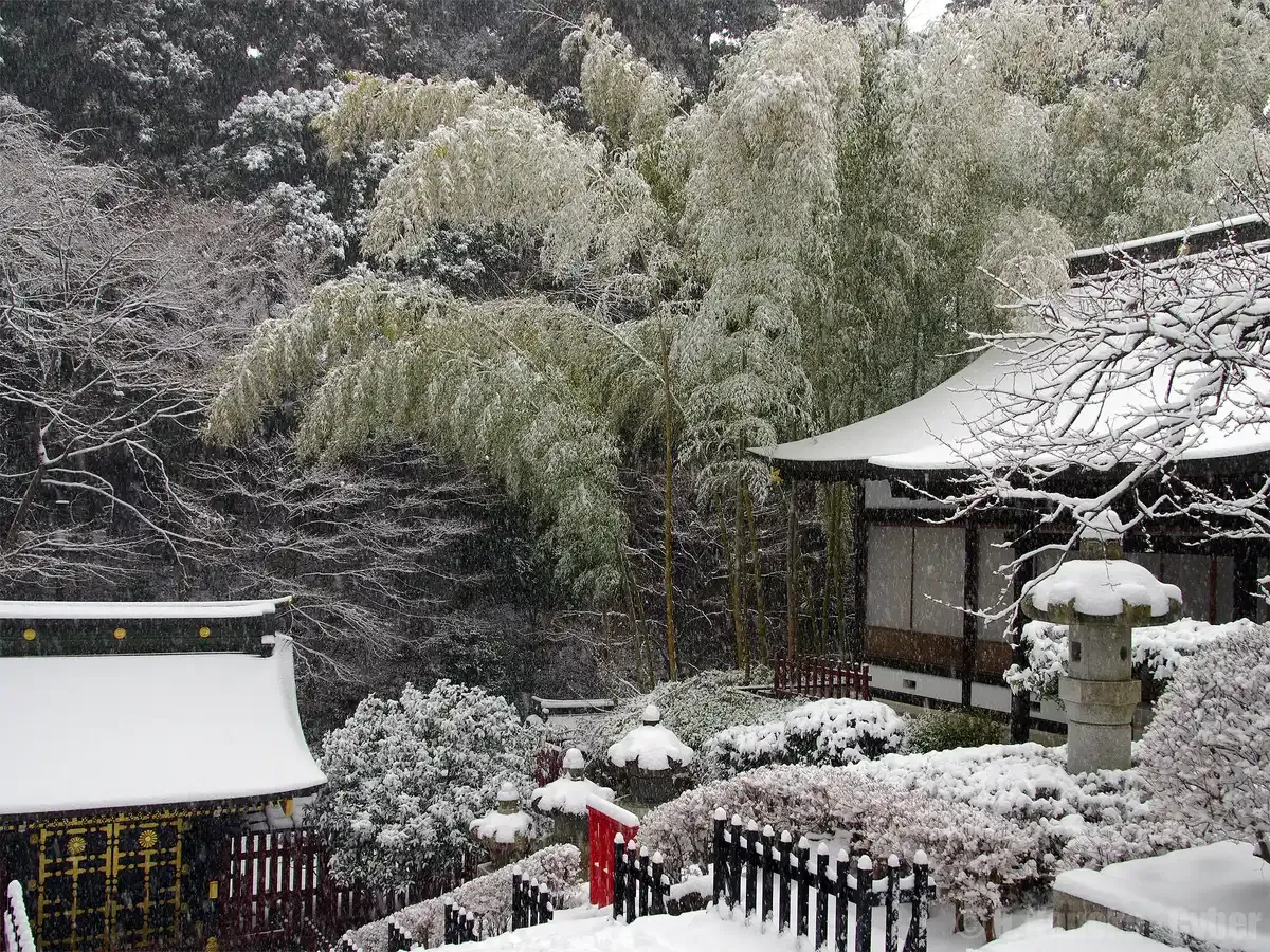 Snow on the roofs, stone lanterns and bamboo grove beside Zuihoden mausoleum in Sendai in midwinter